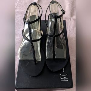 INC Madge Blk T Strap ankle wedge sandals